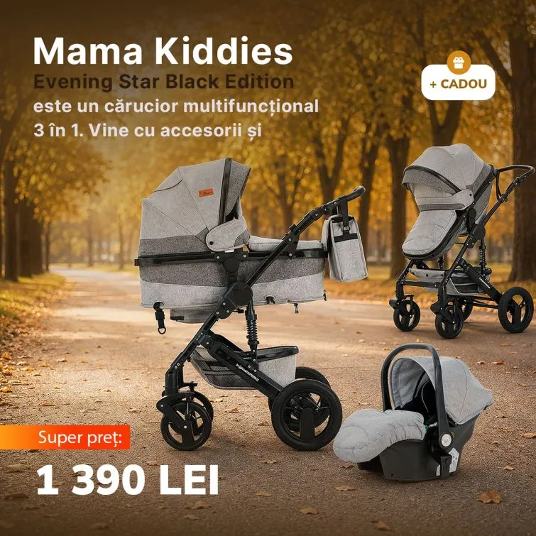 Mama Kiddies Evening Star Black Edition este un cărucior multifuncțional 3 în 1