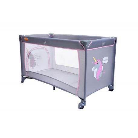 BABYMAXI utazóágy szürke színben rózsaszín unikornis mintával ajándék szúnyoghálóval