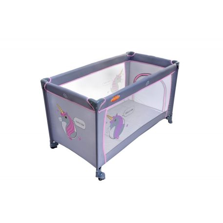 BABYMAXI utazóágy szürke színben rózsaszín unikornis mintával ajándék szúnyoghálóval
