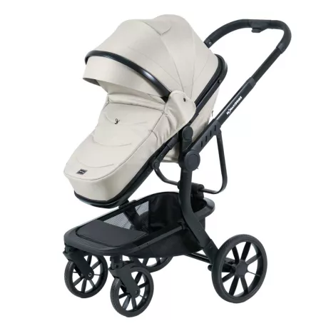 Cărucior Mama Kiddies Icon bej cu parte sport și sac de picioare.