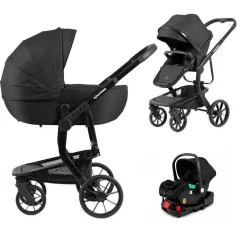   Mama Kiddies® Icon 4 în 1 – cărucior multifuncțional negru, cu accesorii, bază ISOFIX și cadou