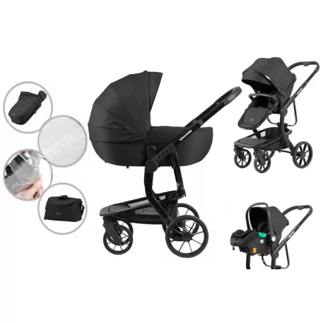 Mama Kiddies Icon 3în1 cărucior multifuncțional cu accesorii în culoarea neagră + Cadou