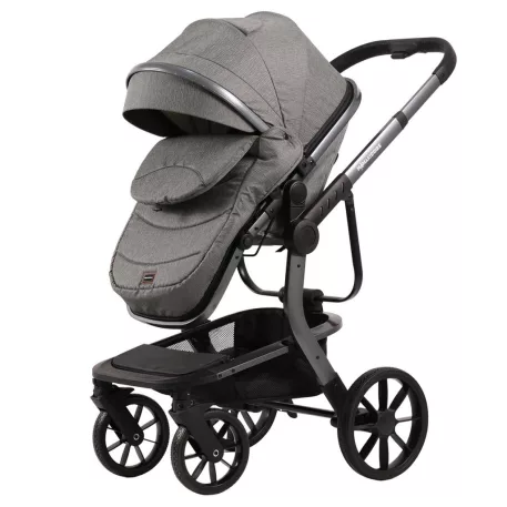 Cărucior Mama Kiddies Icon gri cu parte sport și sac de picioare.