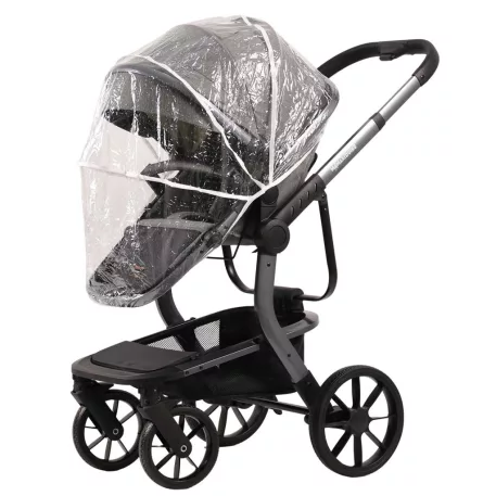 Cărucior Mama Kiddies Icon echipat cu husă de ploaie transparentă.