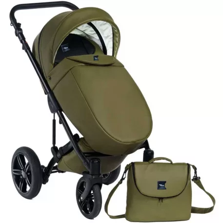Cărucior Mama Kiddies Max 500, culoare olive, cu sac de picioare și geantă pentru scutece.