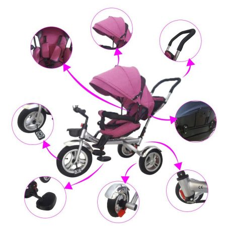 Mama Kiddies full extrás fektethető 4az1-ben tricikli tolókarral és lábtartóval pink színben (360°-ban forgatható ülés)