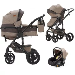  Mama Kiddies® Evening Star Black Edition este un cărucior multifuncțional 3 în 1, în culoarea bej-maro. Vine cu accesorii și un cadou inclus.