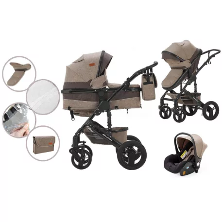 Mama Kiddies Evening Star Black Edition este un cărucior multifuncțional 3 în 1, în culoarea bej-maro. Vine cu accesorii și un cadou inclus.