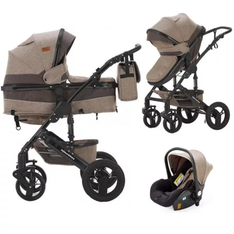 Mama Kiddies® Evening Star Black Edition este un cărucior multifuncțional 3 în 1, în culoarea bej-maro. Vine cu accesorii și un cadou inclus.