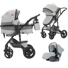  Mama Kiddies® Evening Star Black Edition este un cărucior multifuncțional 3 în 1, în culoarea gri. Vine cu accesorii și un cadou inclus.