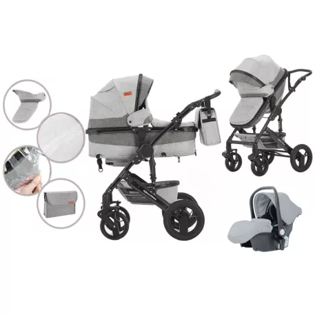 Mama Kiddies Evening Star Black Edition este un cărucior multifuncțional 3 în 1, în culoarea gri. Vine cu accesorii și un cadou inclus.
