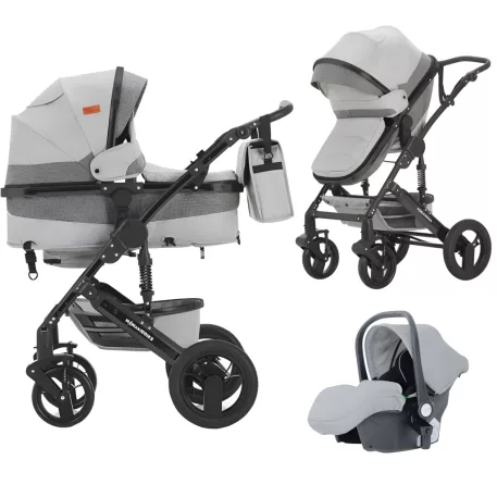 Mama Kiddies® Evening Star Black Edition este un cărucior multifuncțional 3 în 1, în culoarea gri. Vine cu accesorii și un cadou inclus.
