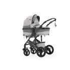 Cărucior Mama Kiddies Evening Star Black Edition gri cu landou și sac de picioare.
