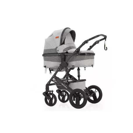 Cărucior Mama Kiddies Evening Star Black Edition gri cu landou și sac de picioare.