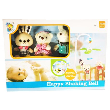 Carusel muzical din pluș cu 3 figurine rotative (2 iepurași + 1 ursuleț)