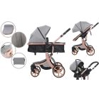 Mama Kiddies Sun Grey ELITE 3 în 1 – cărucior pentru copii disponibil în culoarea gri deschis, echipat cu accesorii + cadou