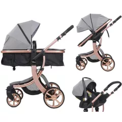   Mama Kiddies® Sun Grey ELITE 3 în 1 – cărucior pentru copii disponibil în culoarea gri deschis, echipat cu accesorii + cadou