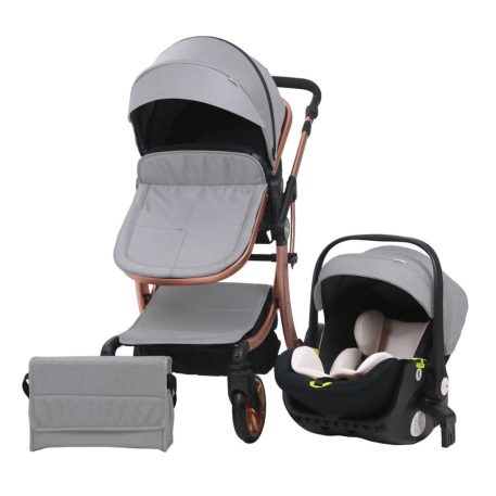 Mama Kiddies Sun Grey ELITE 3 în 1 – cărucior pentru copii disponibil în culoarea gri deschis, echipat cu accesorii + cadou