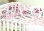   Mama Kiddies Baby Bear lenjerie de pat 5 piese, cu protecție laterală de 180°, roz-alb cu model de bufniță