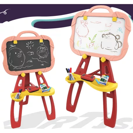 Tablă de desen magnetică față-verso cu multe accesorii – roșu-roz