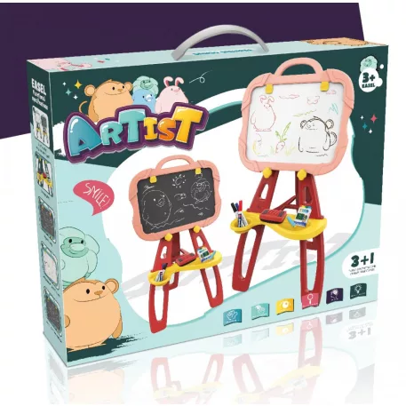 Tablă de desen magnetică față-verso cu multe accesorii – roșu-roz