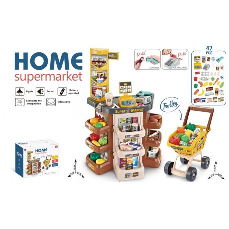 Super set de shopping Mama Kiddies, 47 piese, cu cărucior de cumpărături și multe extra, culoare maro