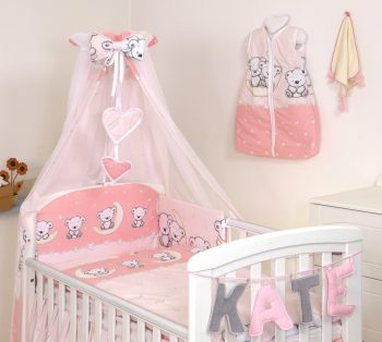 Mama Kiddies Baby Bear lenjerie de pat 6 piese, cu protecție laterală de 180°, roz cu model de ursuleț