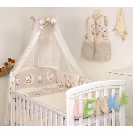 Mama Kiddies Baby Bear lenjerie de pat 6 piese, cu protecție laterală de 180°, bej cu model de ursuleț