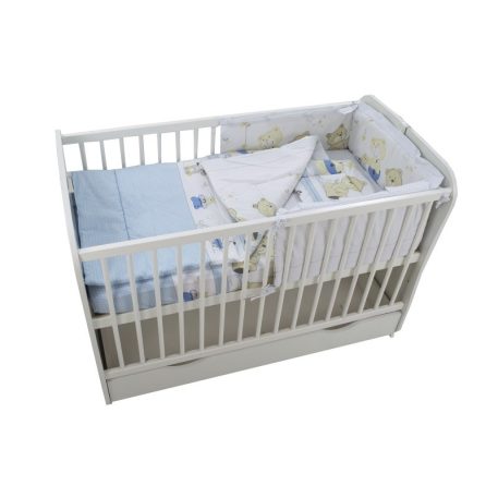 Mama Kiddies Sofie Dreams lenjerie pat bebe, 4 piese, cu protecție laterală de 180°, albastru deschis-alb cu model de ursuleț
