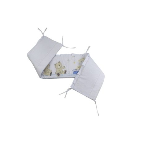 Mama Kiddies Sofie Dreams lenjerie pat bebe, 4 piese, cu protecție laterală de 180°, albastru deschis-alb cu model de ursuleț