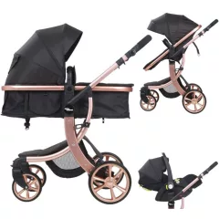   Mama Kiddies® Sun Black ELITE 3in1 este un cărucior pentru copii disponibil în culoarea neagră, echipat cu accesorii + Cadou