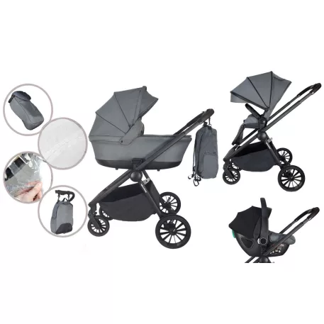 Mama Kiddies Unique cărucior multifuncțional 3 în 1 cu accesorii, culoare graphite + Cadou