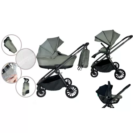 Mama Kiddies Unique cărucior multifuncțional 3 în 1 cu accesorii, culoare verde + Cadou