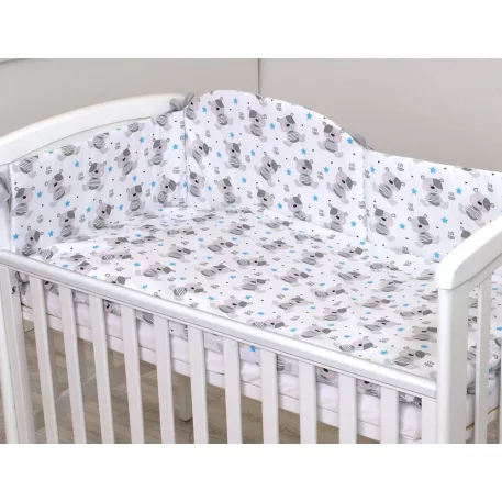 Lenjerie de pat Mama Kiddies Baby Bear 5 piese, cu protecție laterală de 180°, gri cu model de ursuleț