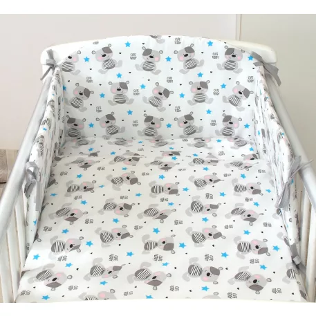 Lenjerie de pat Mama Kiddies Baby Bear 5 piese, cu protecție laterală de 180°, gri cu model de ursuleț