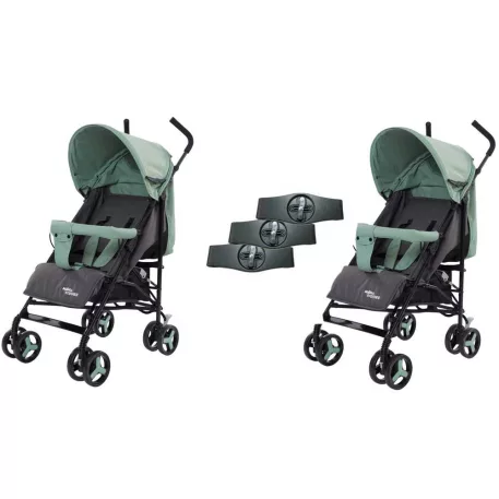 Mama Kiddies® Vento cărucior sportiv dublu (pentru gemeni) în combinație de culoare verde-gri + cadou: huse de ploaie
