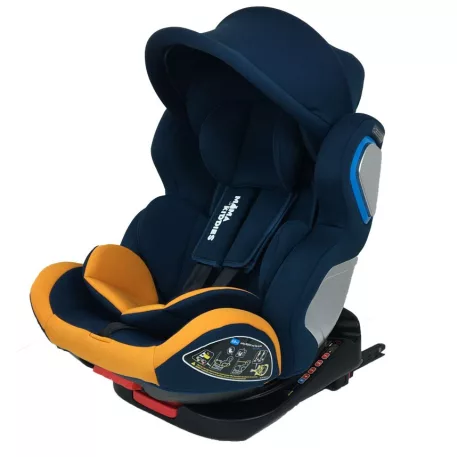 Scaun auto de siguranță Mama Kiddies Champion cu ISOFIX, rotativ 360° (0-36 kg) albastru-galben cu copertină cadou (certificat TUV)