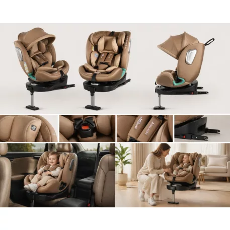 Scaun auto Mama Kiddies iSize Journey Extra cu ISOFIX, rotativ 360° (40–150 cm), culoare bej, cu picior de sprijin, parasolar cadou și suport pentru picioare