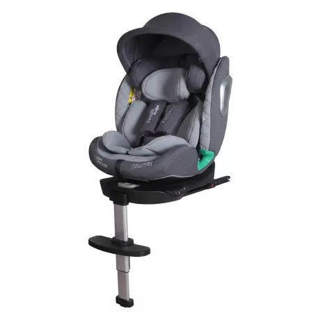 Scaun auto de siguranță Mama Kiddies iSize Journey Extra (40–150 cm), rotativ la 360° și cu sistem ISOFIX, de culoare gri, cu picior de sprijin, parasolar cadou și suport pentru picioare.