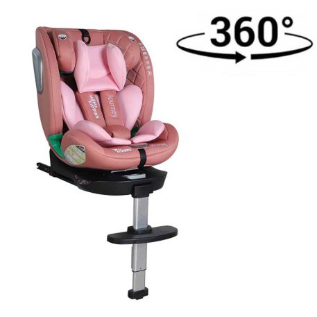 Scaun auto Mama Kiddies iSize Journey Extra cu ISOFIX, rotativ 360° (40–150 cm), culoare roz, cu picior de sprijin, parasolar cadou și suport pentru picioare