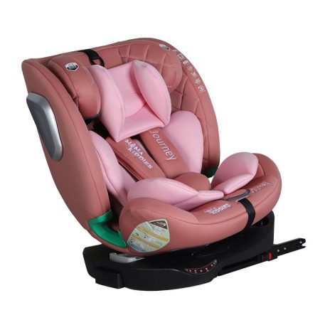 Scaun auto Mama Kiddies iSize Journey Extra cu ISOFIX, rotativ 360° (40–150 cm), culoare roz, cu picior de sprijin, parasolar cadou și suport pentru picioare