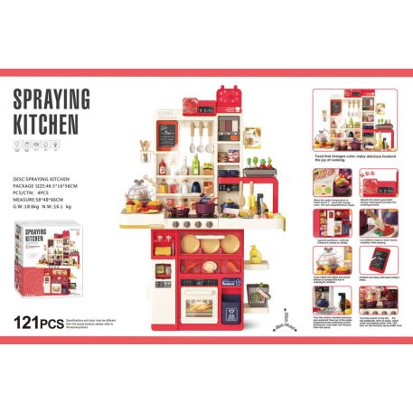 Mama Kiddies Bucătărie interactivă „Spraying Kitchen” – set de 121 piese, înălțime 103 cm, cu efecte de lumină și sunet, culoare roșie