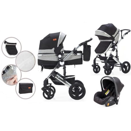 Cărucior multifuncțional 3în1 Mama Kiddies Evening Star cu accesorii, în culoare negru-gri + Cadou