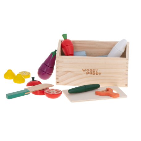 Set de legume magnetice din lemn, feliabile, cu suport și accesorii