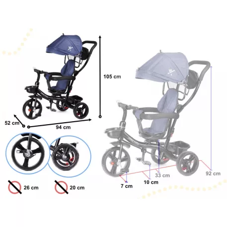 Fix Lite 3în1 tricicletă cu mâner pentru părinte și suport pentru picioare în culoare albastru  (scaun rotativ în 360°)