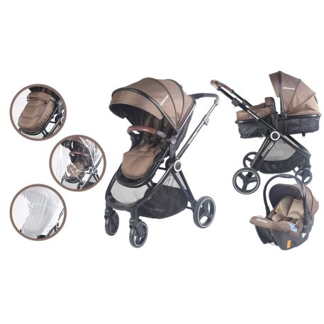 Cărucior 3în1 Mama Kiddies Swan, culoare maro cu accesorii + Cadou