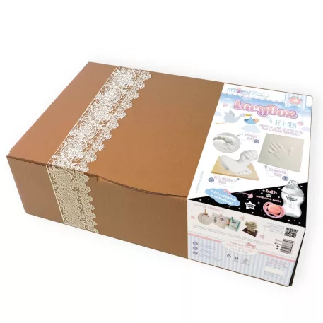 Lacy Box 20 részes ajándékszett cumisüveggel, melltartó betéttel és babaemléktárgy készítő kiegészítőkkel